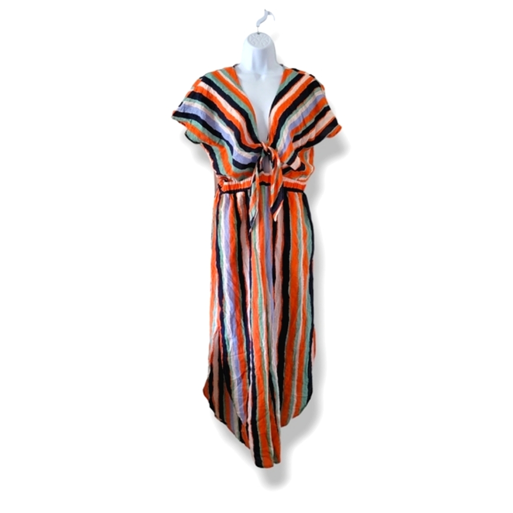 Umgee | Cute Multicolor Striped Tie Front Flowy Wide Leg Jumpsuit (SIZE M)